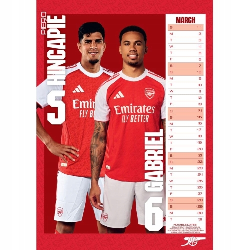 FC ARSENAL LONDYN KALENDARZ 2026 MADUKE NWANERI HINCAPIE GABRIEL