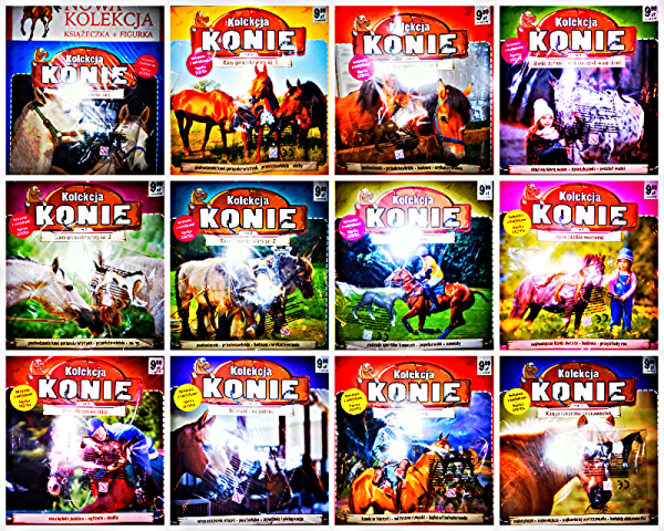 KONIE X 12 KOLEKCJA FIGURKA ĆWICZENIA NAKLEJKI FOLIA 