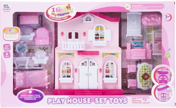 DOMEK DLA LALEK Z AKCESORIAMI RÓŻOWY MEBLE 